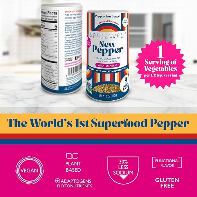 Spicewell - New Pepper Shaker - Ayurvedic Black Pepper with Turmeric, 21 Plant-Based Vitamins and Minerals - Fine Ground, Fresh Cracked Flavor - 6oz