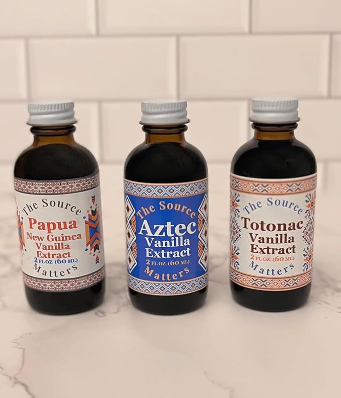 Vanilla Extract Trio Gift Box by The Source Matters | Totonac, Aztec & Papua New Guinea Vanilla | 3 Unique Flavors | Perfect Gift for Bakers, Chefs & Culinary Enthusiasts (3 x 2 oz Bottles)