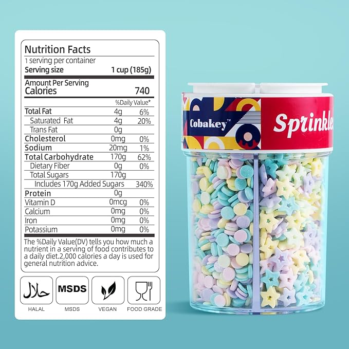 Pastel Sprinkle Mix 4 Cell Edible Macaron Color Jimmies Nonpareils Star Confetti for Cake Decorations Baking Ice Cream Cookies Cupcake Topper 6.5 ounces
