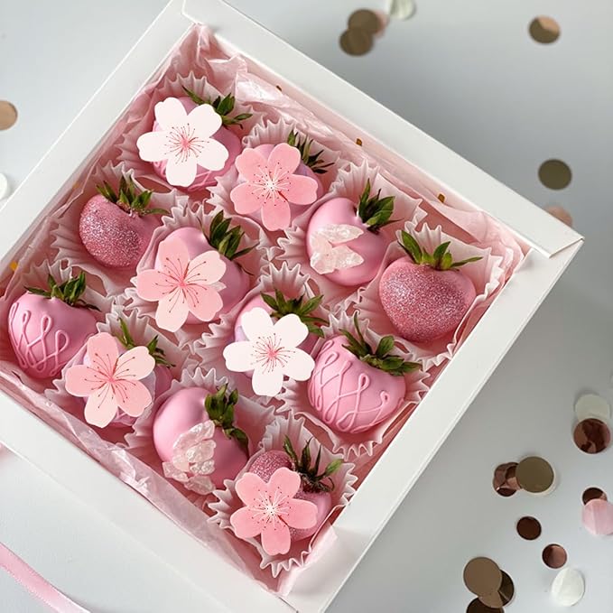 60 Pcs Edible Flowers Cake Topper Cupcake Toppers Decorations Wafer Paper Pink Cherry Blossom Flowers Wedding Themed Party Birthday Cake Decoration