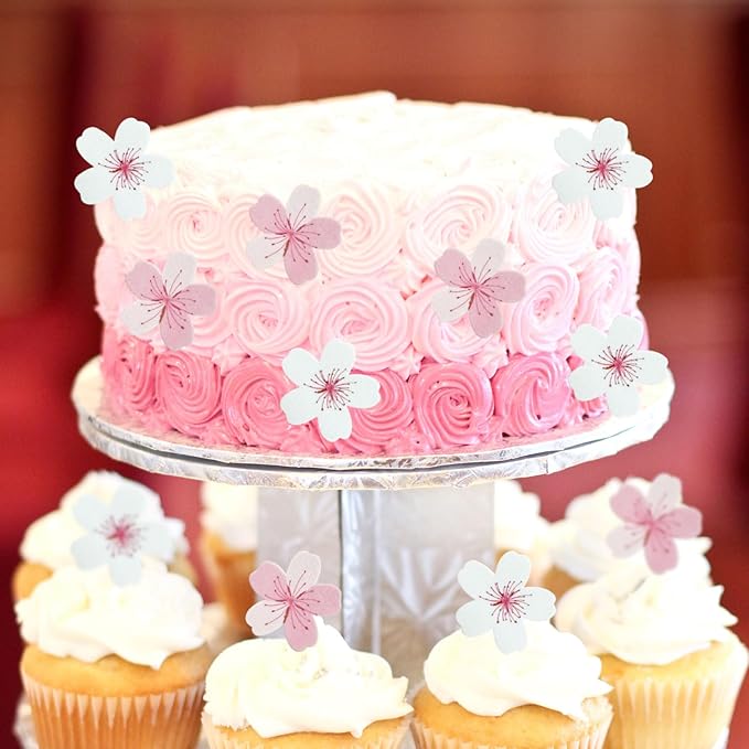 60pcs Edible Flowers Cake Decorations ??Edible Flowers Cherry Blossoms Cake Topper Cupcake Toppers Decorations Wafer Paper, Flower Cupcake Toppers for Wedding Birthday Party