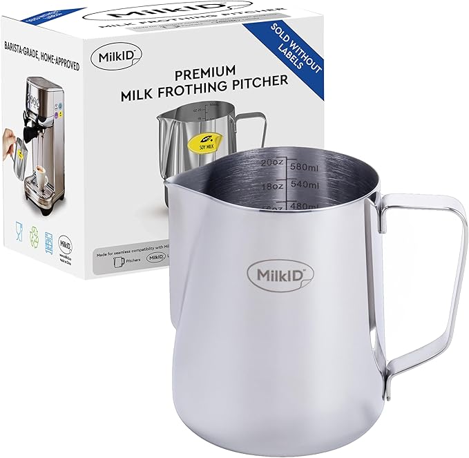 Stainless Steel Milk Frothing Pitcher | Compatible with MilkID Labeling System | Espresso Accessories Kit | Barista Tools | Latte Art Pitcher (20oz / Pitcher Only)