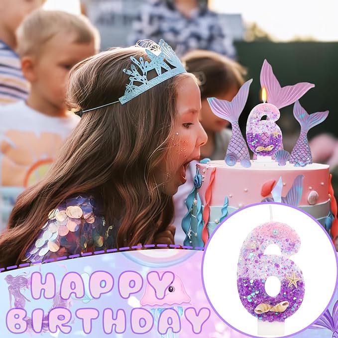 Purple Mermaid Party Number 6 Cake Candles, 2.76 inch Birthday Candle, Cake Topper Decoration for Birthday Party (Number 6)