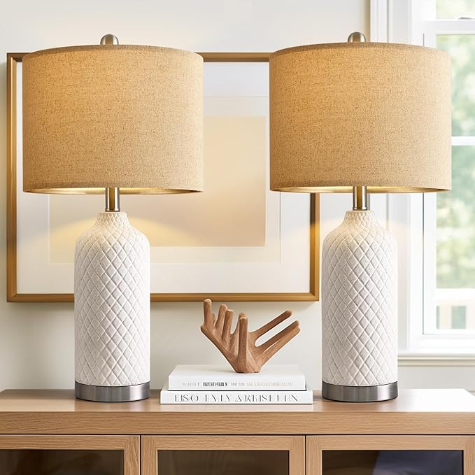 24.25" Single Table Lamp for Bedroom Modern Ceramic Nightstand Lamp White Bedside Lamp Boho Living Room Lamp Farmhouse Bedroom Lamp Side Table Lamp End