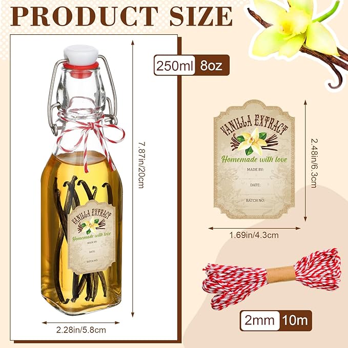 Uiifan 12 Pcs 8 oz Swing Top Clear Square Glass Bottles for Vanilla Extract with Caps and Cotton Twines Label Flip Top Glass Beer Bottle for Home Vanilla Brew Oil Vinaigrettes Beer Tea Supply