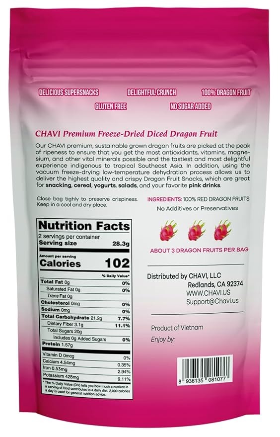CHAVI Freeze-Dried Diced Dragon Fruit Snack - Pack of 2 x 2 oz - Healthy 1 Ingredient Superfood - No Added Sugars or Preservatives - Non-GMO, Vegan, Gluten-Free (Pack of 2)??,<div>