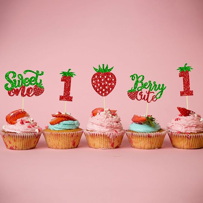 24Pcs Sweet One Cupcake Toppers Glitter First Birthday Strawberry Cupcake Picks for Fruit Baby Shower 1st Birthday Berry Sweet Cupcake Decorations Party Supplies Green