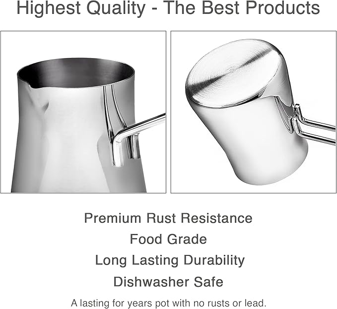 Crystalia Turkish Coffee Pot 18/10 Stainless Steel, Stove Top Tea Maker, Milk Warmer, Greek Arabic Coffee Cezve Briki, 29 oz (Silver, Large)