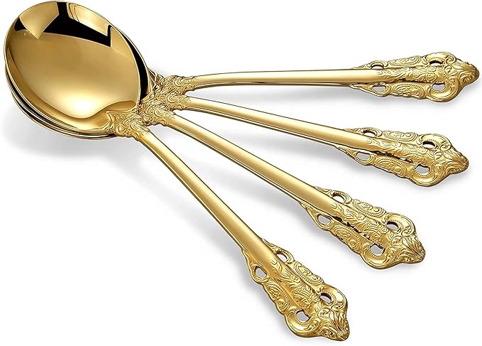 KEAWELL Gorgeous Round Soup Spoon, Set of 4, 18/10 Stainless Steel, Luxury Bouillon Spoon, Dishwasher Safe, Fine Mirror Polished (Gold)