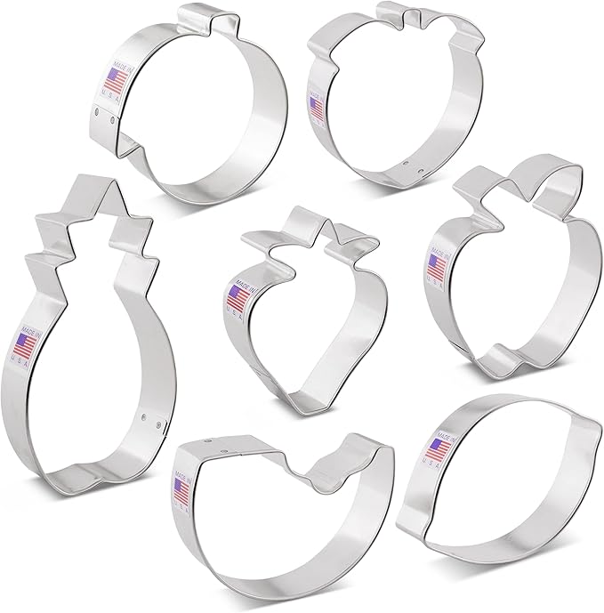 Ann Clark Cookie Cutters Summer Fruit Cookie Cutters 7-Pc. Set Made in the USA, Lemon, Peach, Pineapple, Watermelon, Orange, Strawberry, Apple