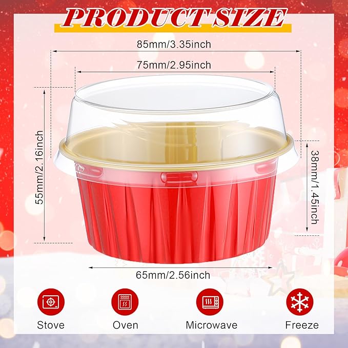 Gejoy 400 Pcs Aluminum Foil Baking Cups with Lids 5 oz Disposable Ramekins Mini Cake Pans Creme Brulee Cupcake Liners Muffin Tins Flan Mold Dessert Container for Wedding(Red,Gold,Classic)