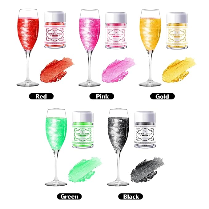 Edible Glitter for Drinks ??5 Colors Luster Dust, Food Grade Cocktail Shimmer Powder for Cakes, Beverages, Chocolate & Candy, 5g/Bottle