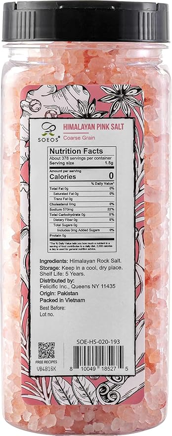 Soeos Himalayan Salt - Coarse Grain, 20 oz, Himalayan Pink Salt, Pure Rock Salt for Grinders and Salt Mills, Kosher & Natural Certified, Healthy