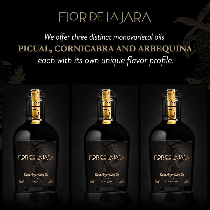 FLOR DE LA JARA Premium Extra Virgin Olive Oil from Spain, First Cold Pressed, Polyphenol-Rich, Monovarietal Picual, Hand-Harvested Olives, Family-Owned Grove, Low acidity (0,1%), 16.9 fl oz (500ml)