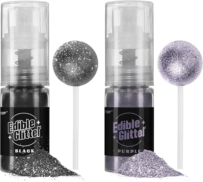 Sujoygar Edible Glitter Spray 2 Colors, Black and Purple Edible Glitter for Cocktails, Shimmer Powder Luster Dust Edible for Cake Drink Strawberrie Cupcake Cookies Haloween Baking Decoretion, Vegan(5g/Bottle)