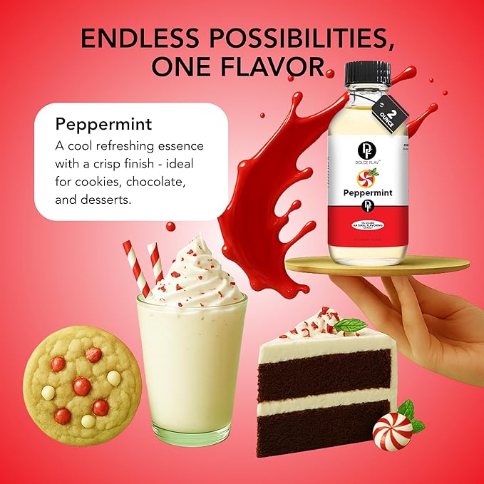 Dolce Flav Natural Peppermint Extract ??2 Ounce Oil-Soluble Kosher, Sugar-Free, Concentrated Pure Mint Flavor for Hard Candy, Chocolates & Baking, Includes Measured Dropper