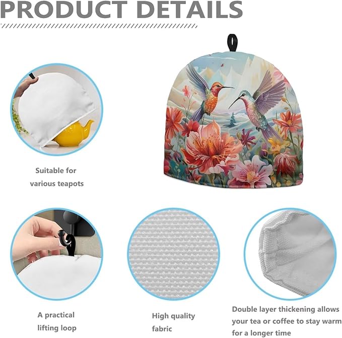 Hummingbird Tea Cozy for Teapot Insulated Rose Hibiscus Tea Pot Cover Home Kitchen Decorative Tea Cosy for Teapot Dust Protector for Women