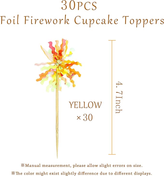 30PCS Cupcake Toppers, Takemay Sparkle Yellow Foil Firework Cake Toppers, Cupcake Picks for Party Birthday Wedding Ceremony