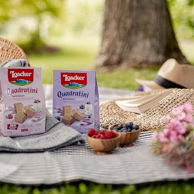 Loacker Quadratini Raspberry Yogurt Wafer Cookies LARGE - 30% Less Sugar - Premium Crispy Bite Size Wafers - LARGE Pack of 6
