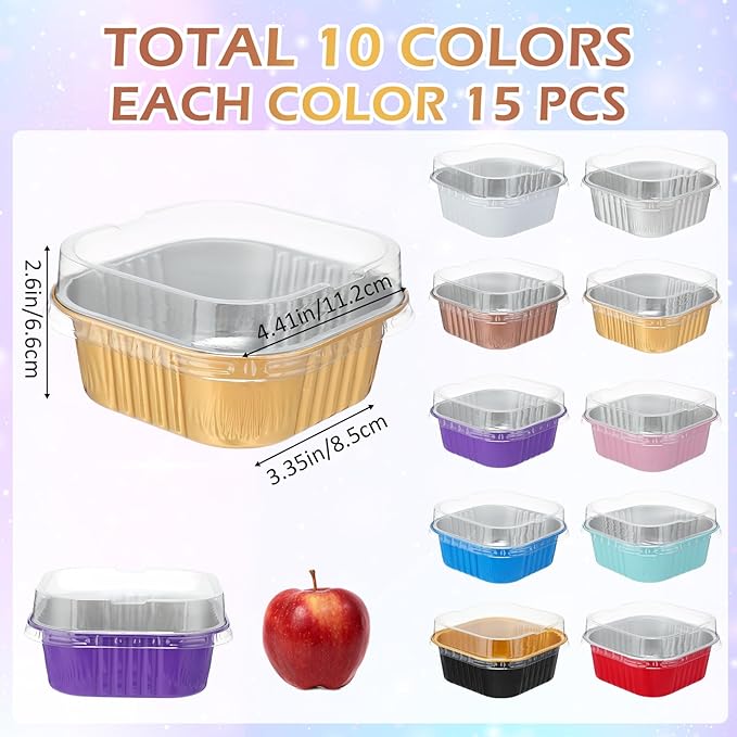 Aoriher 150 Pieces 10 oz Mini Cake Pans with Lids Aluminum Foil Baking Cups Square Disposable 4" x 4" Large Cupcake Cups Baking Tins for Kitchen Brownie Pudding Desserts Holders(Colored)