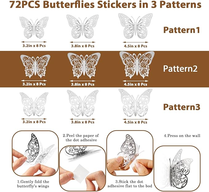 72 Pcs Silver Butterfly Decorations - 3 Sizes, 3 Styles, 3D Wall Decor for Parties, Birthdays & Crafts