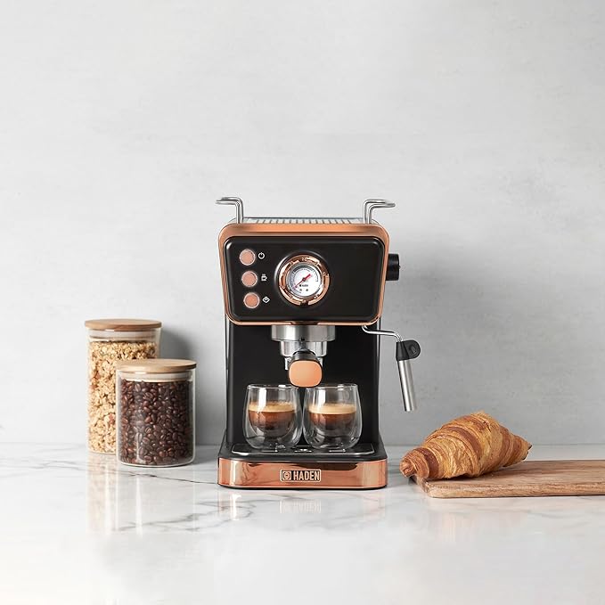 HADEN Barista Brew Espresso Coffee Machine, Stainless Steel Espresso Maker with Milk Frother and Steamer Function and 1.5L Water Tank, Black & Copper