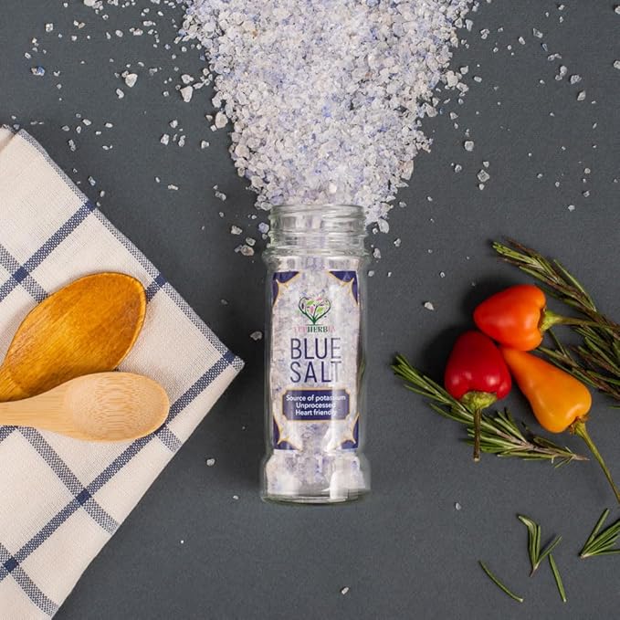 EUPHERBIA Blue Salt, Coarse, Rare Mineral Salt, High Potassium, Lower Sodium, Natural, Unprocessed, Hand Harvested, Kosher Certified, 100g (3.5 Oz)