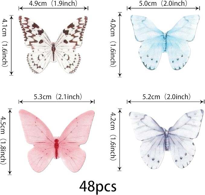 48 PCS Edible Butterfly Cupcake Toppers Colorful Wafer Paper Butterflies Cake Decorations Edible Butterfly Cupcake Picks for Butterfly Theme Baby Shower Wedding Birthday Party Decorations Supplies