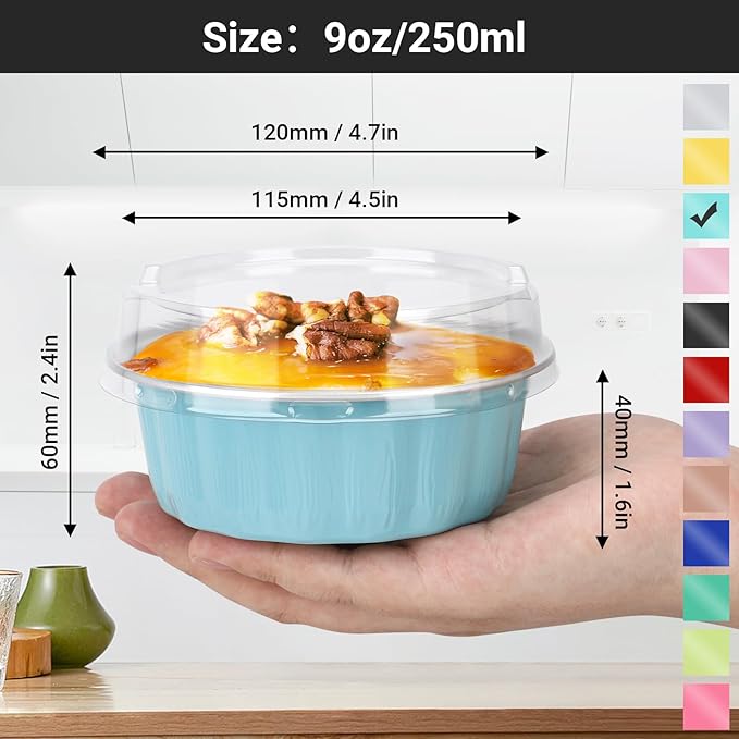 EUSOAR Take Out Containers with Lids, 100pcs 9oz Blue Cup Cake, Disposable Cake Containers Ramekins with Lids Bakery Cheesecakes Muffins Pie Round Wrappers for Wedding Birthday Theme Party