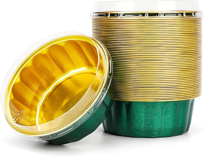 Beasea Disposable Ramekins with Lids, 8oz 50 Pack Aluminum Cups for Baking Jade Green, Aluminum Foil Cups Creme Brulee Muffin Cupcake Baking Cup Mini Pudding Cups for Party Wedding Birthday