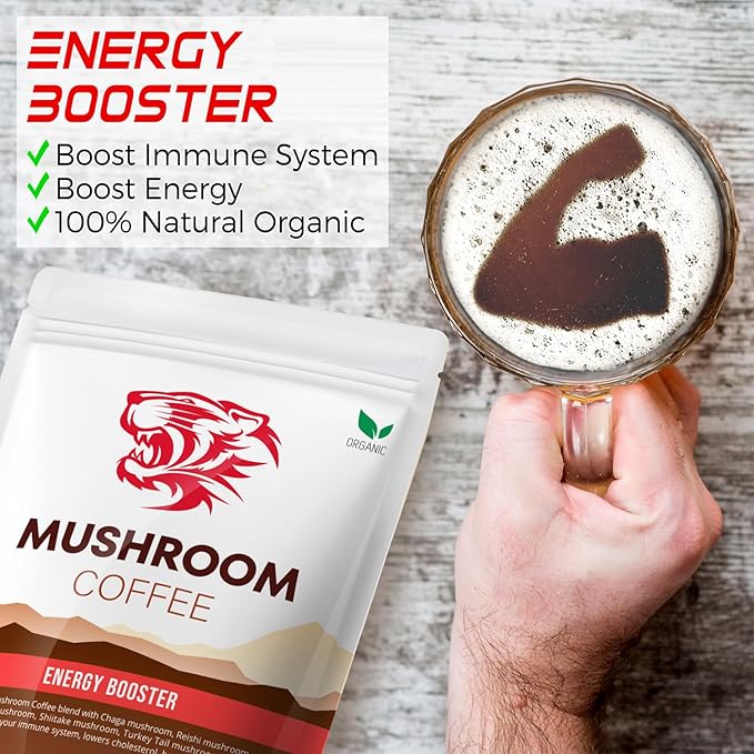 Tiger Organic 5 Mushroom Instant Coffee β 30 Servings with 100% Arabica | Immune System Booster, Reishi, Maitake, Shiitake, Chaga & Turkey Tail Mushrooms | Gluten & Dairy Free, Vegan - Natural Energy