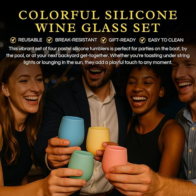 Silicone Wine Glasses – Set of 4 Pastel Colors, 12 oz – Break-Resistant, Flexible & Shatterproof Cups for Wine, Cocktails, or Outdoor Use – Reusable Stemless Glassware
