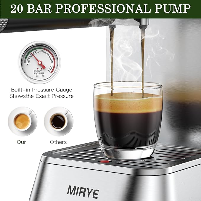 Espresso Machine 20 Bar - Stainless Steel Silver Coffee Maker for Home & Office, Compact with Fast Heating, High-Pressure & Removable Water Tank for Coffee Lovers