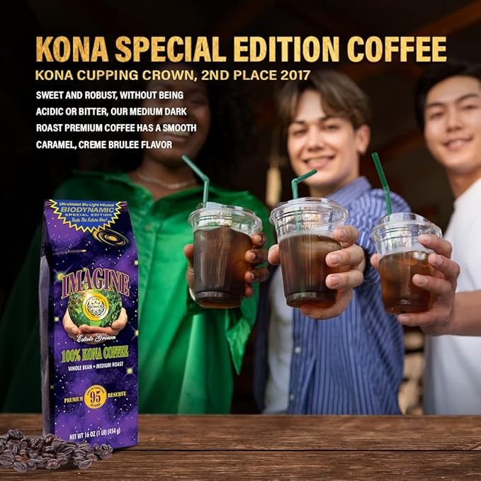 Imagine Kona UltraViolet Blu Light Infused Biodynamic Special Edition | Organic Whole Coffee Beans | Made From Premium Hawaiian Kona Beans | Top Grade Air Roasted | Medium Roast - 16 ounce