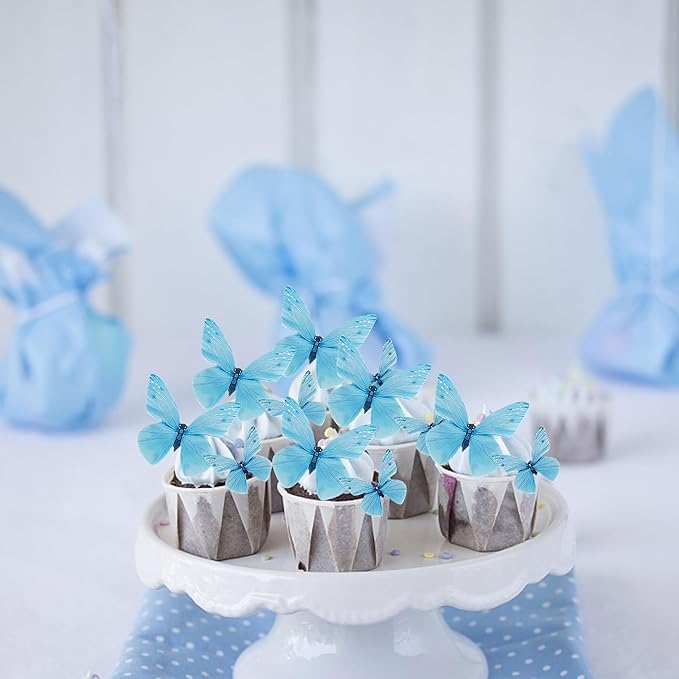 72PCS Edible Butterfly Cupcake Toppers Butterfly Cupcake Picks Edible Butterfly Cupcake Decorations for Butterfly Theme Baby Shower Kids Birthday Party Cake Decorations Supplies Blue