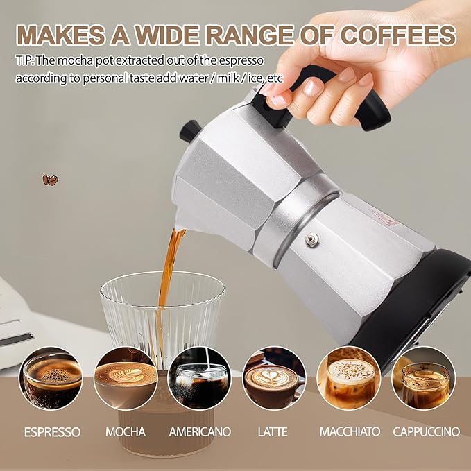 Aluminum Electric Moka Pot 5-6 Cup 270ml Express Coffee Maker Stovetop Espresso Portable Coffeemaker Italian Classic Brewing Greca Cafe Mocha with Removable Base and Overheating Protection Machine