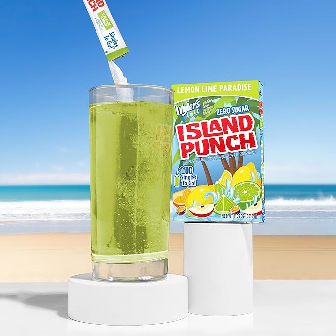 Wyler?셲 Light Island Punch Singles To Go, Lemon Lime Paradise, 10-Count per Box (12 Pack) ??Low Calorie Powdered Drink Mixes, Caffeine Free, Gluten Free, and Zero Sugar, 120 Total Powder Packets