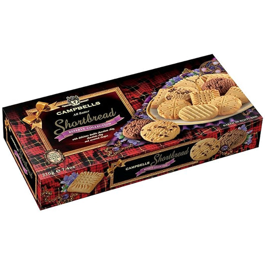 Campbells Shortbread Reserve Collection Carton 7.4 Oz (210g) - Scottish All-Butter Shortbread Cookies from Scotland, Chocolate Chip & Assorted Variety, Gourmet British Tea Biscuits & Gift Box