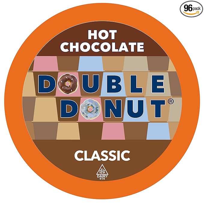 Double Donut Hot Chocolate Pods for Keurig K Cups Brewers, Single Serve Classic Hot Cocoa Pods, 96 Count