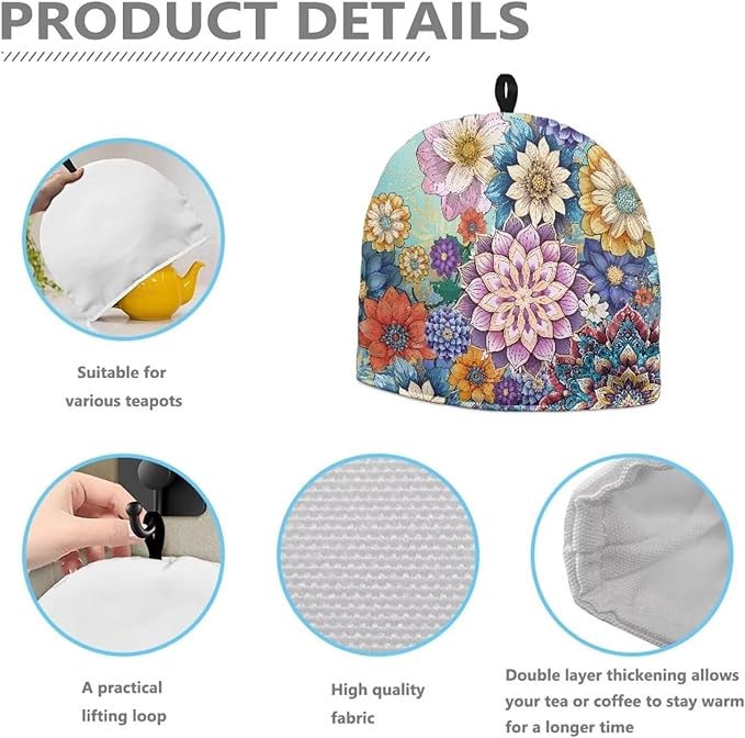 Mandala Flower Tea Cozy Keep Warm Teapot Insulation Cover Bohemia Tea Cosy for Teapot Boho Home Kitchen Decorative