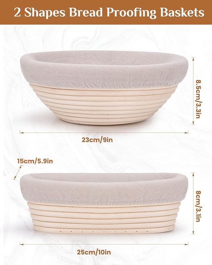 Bread Proofing Basket Set, PITCH PULSE 9 Inch Round and 10 Inch Oval Banneton Bowl with Sourdough Bread Making Tools Kit