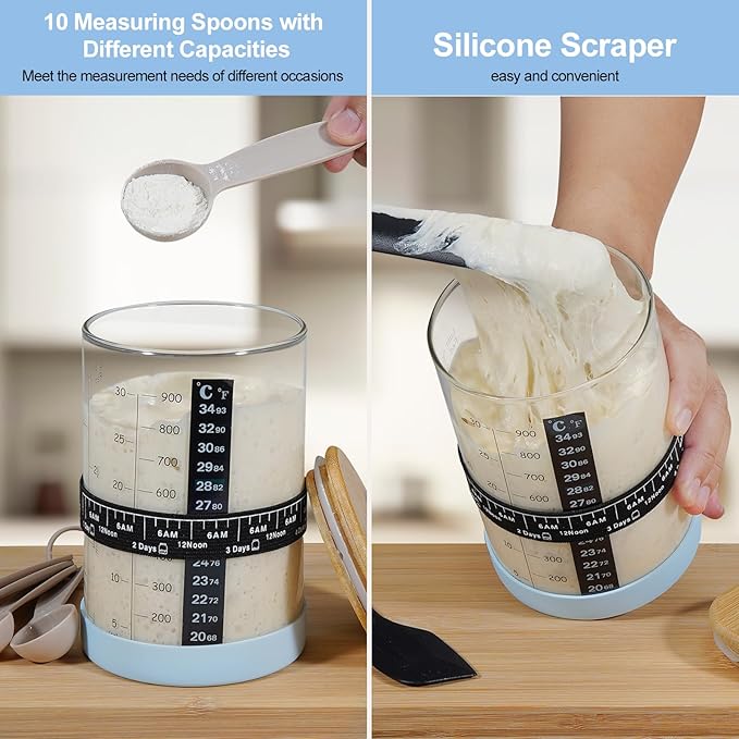 Sourdough Starter Jar,Sourdough Starter Kit with Ounce&ML Scale Line,Date Marked Feeding Band, Thermometer, Sourdough Jar Scraper, Silicone Lid,Cloth Cover & Bamboo Wood Lid(30oz/900ml)