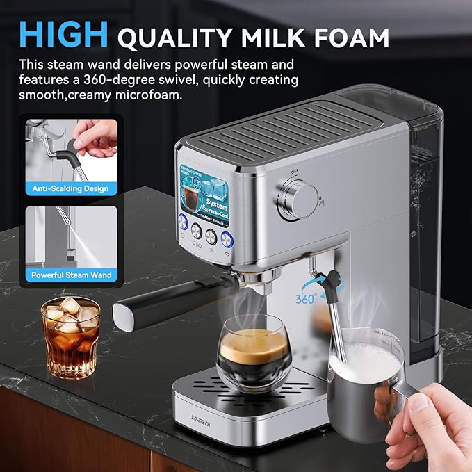 Espresso Machine 20 Bar, Compact Espresso Maker with Milk Frother, Stainless Steel Coffee Machine with 42 oz Water Tank for Cappuccino, Latte&Cold Brew, Home&Office, Silver