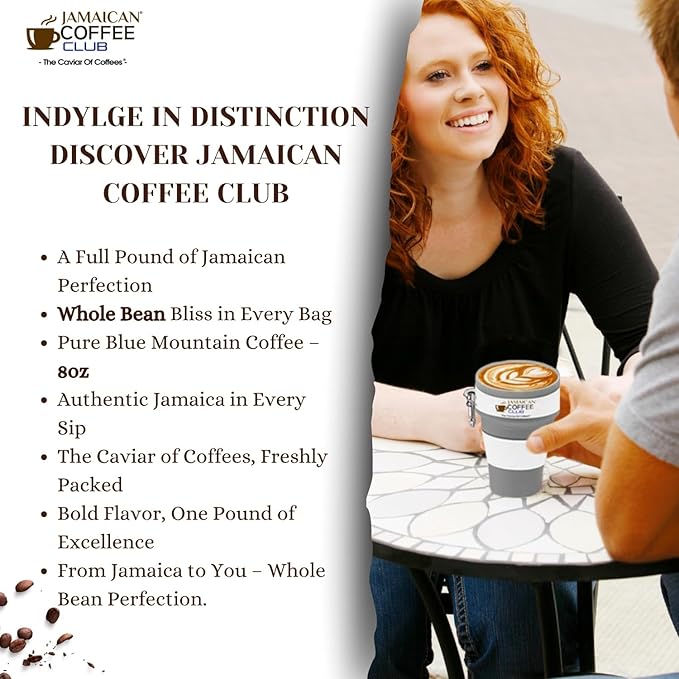 JamaicanCoffeeClub 100% Blue Mountain Whole Bean Coffee ??WB 8oz Jamaican Roasted Beans, Smooth Rich Flavor, Handpicked Gourmet Beans, Bold Medium Roast ??Fresh Pack, Premium Jamaican Coffee