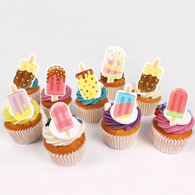 40Pcs Edible Ice Cream Cupcake Toppers Picks Ice Cream Party Decorations for Sweet Summer Theme Baby Shower Supplies