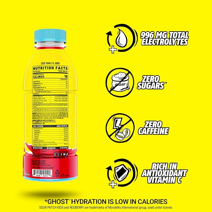 GHOST Hydration Drink, Sour Patch Kids Redberry - RTD Sports Drinks with Electrolytes for Hydration - Beverage for Athletes - Zero Caffeine & Zero Sugars - 16.9 Fl Oz, 12 Pack