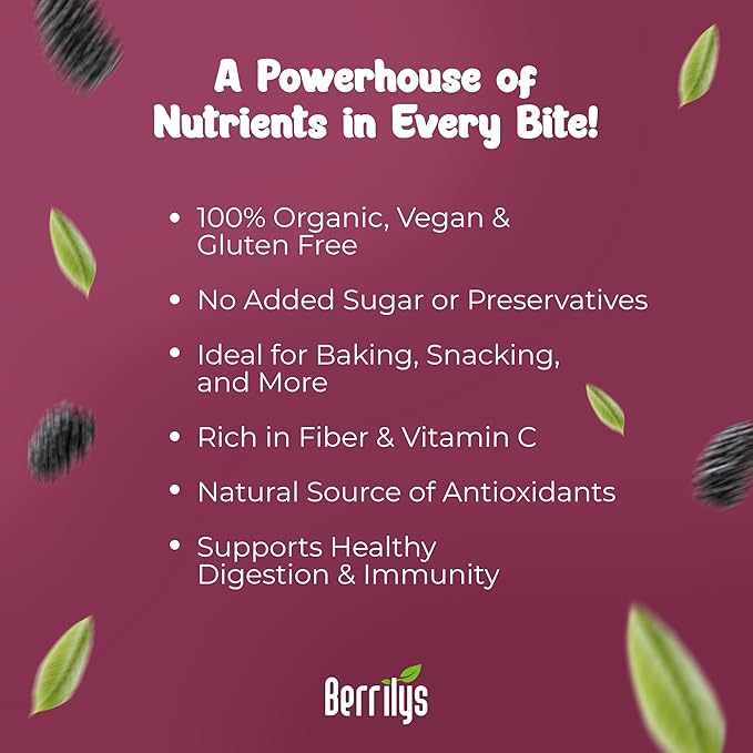 Berrilys Organic Dried Mulberries, Black, Dried Mulberry, Non-GMO, Unsulfured, Raw, 10 oz, Healthy Snacking, Great Ingredient for Baking Purposes, Vegan, Natural