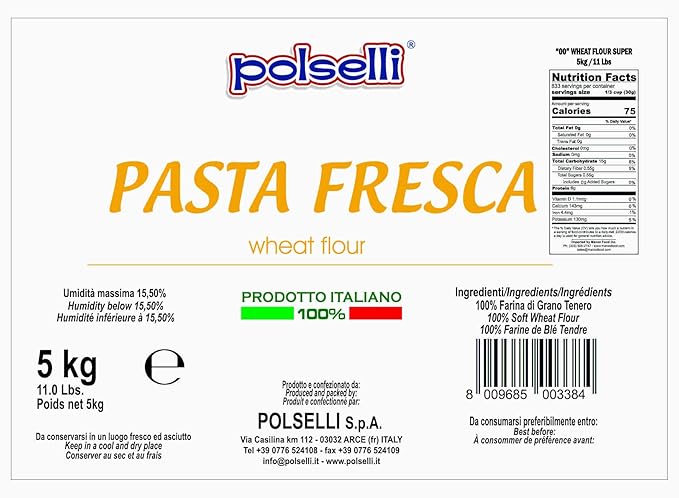 POLSELLI Fresh Pasta Flour, 100% Soft Wheat, 5 kg (11 lbs) Tipo 00, Bread Machine or Handmade Pasta for Bread, Gnocchi, Product of Italy