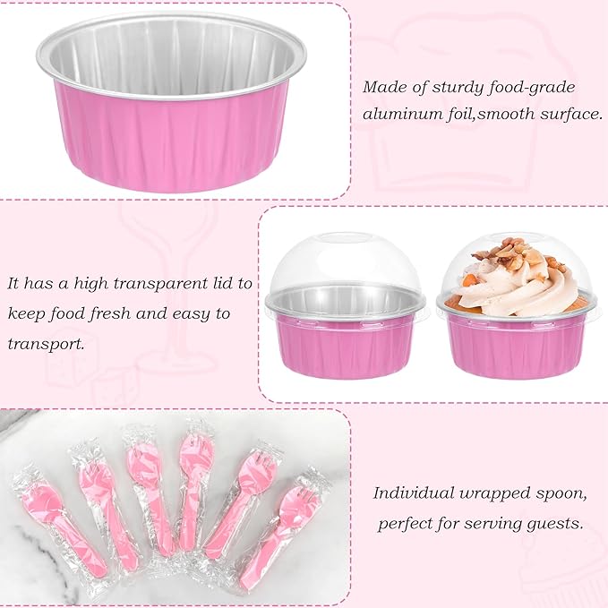 Mini Cake Pans with Lids and Spoons (40 Pack,Pink,5oz) Round Disposable Ramekins - Sturdy Aluminum Foil Cupcake Liners with Lids for Dessert and Party