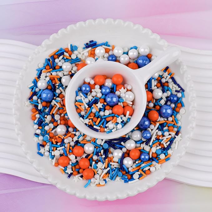 Orange and Blue Sprinkles for Cake Decorating, Edible Pearl and Jimmies Mix, Perfect for Cake Decorations, Baking, Ice Cream, Cookies, Cupcake Toppers